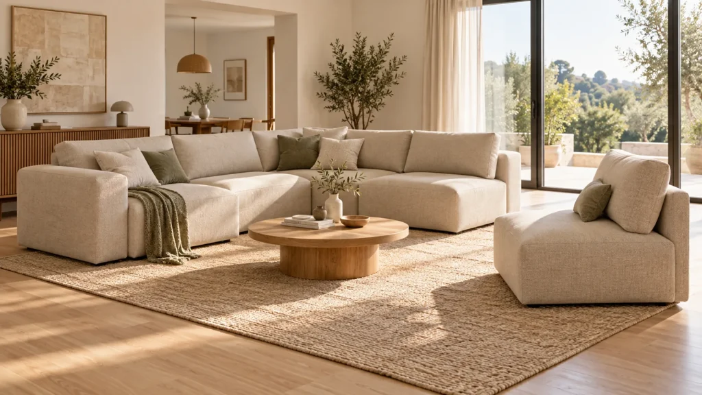 Salón con sofá modular beige y una pieza independiente, con espacio libre de paso.