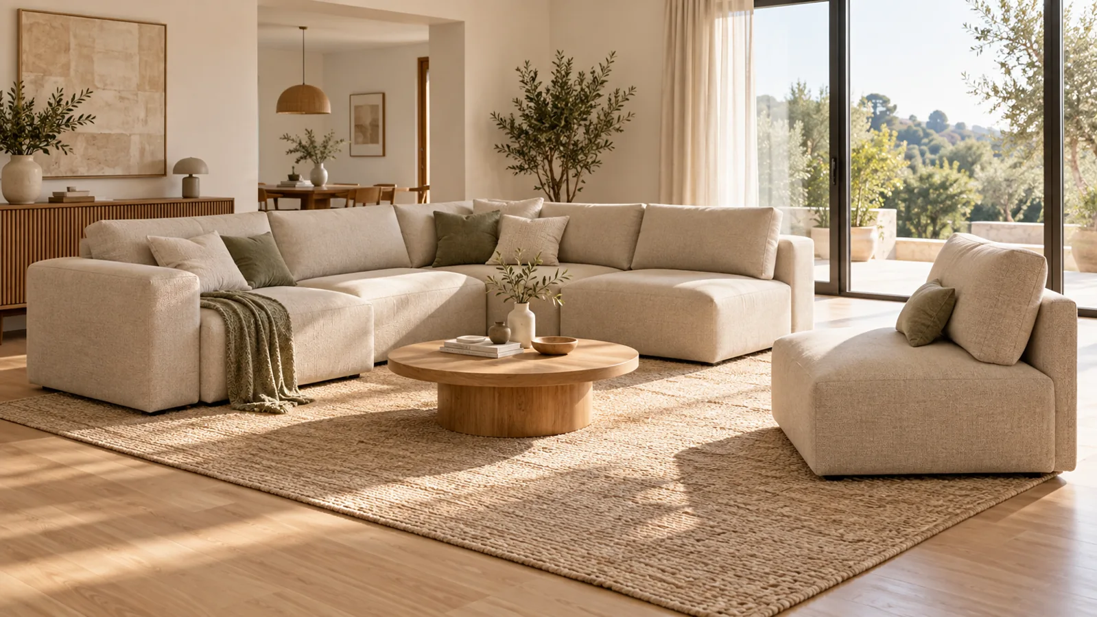 Salón con sofá modular beige y una pieza independiente, con espacio libre de paso.