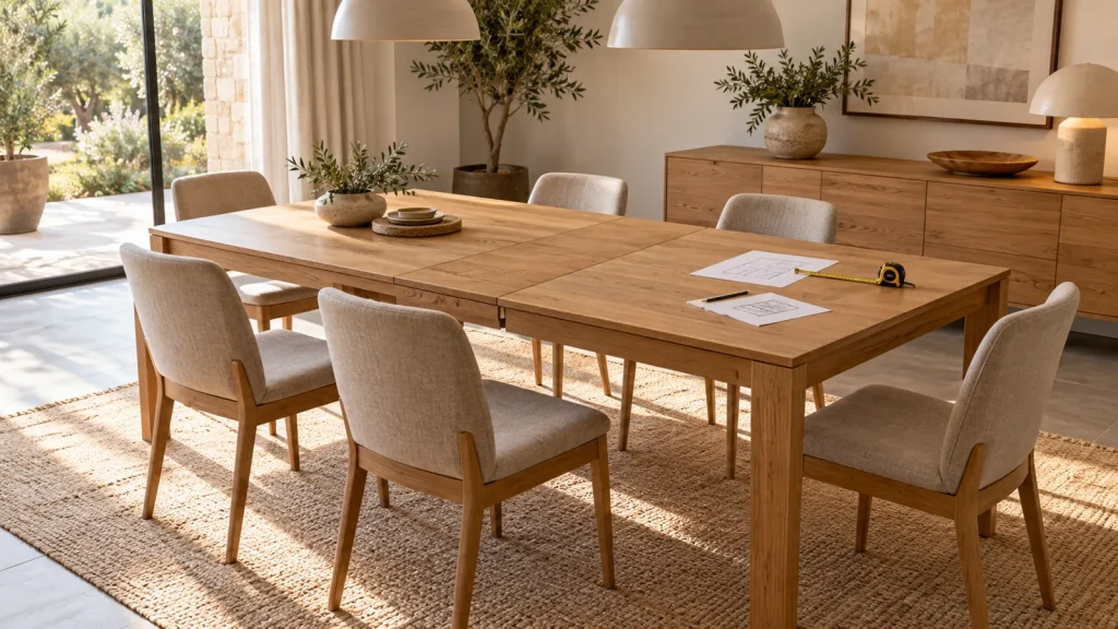 Mesa extensible de madera abierta con seis sillas y una cinta métrica sobre el tablero.